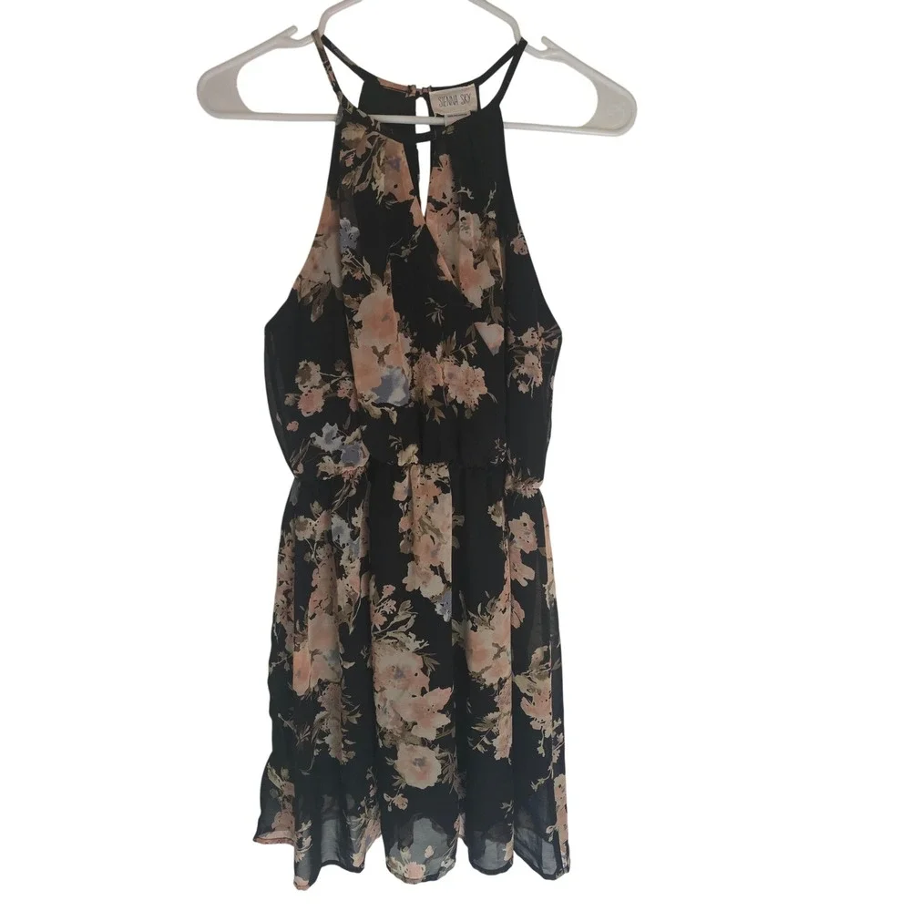 Sienna Sky Black Floral Halter Dress Cottage Core Keyhole Neck S Womens Coquette
